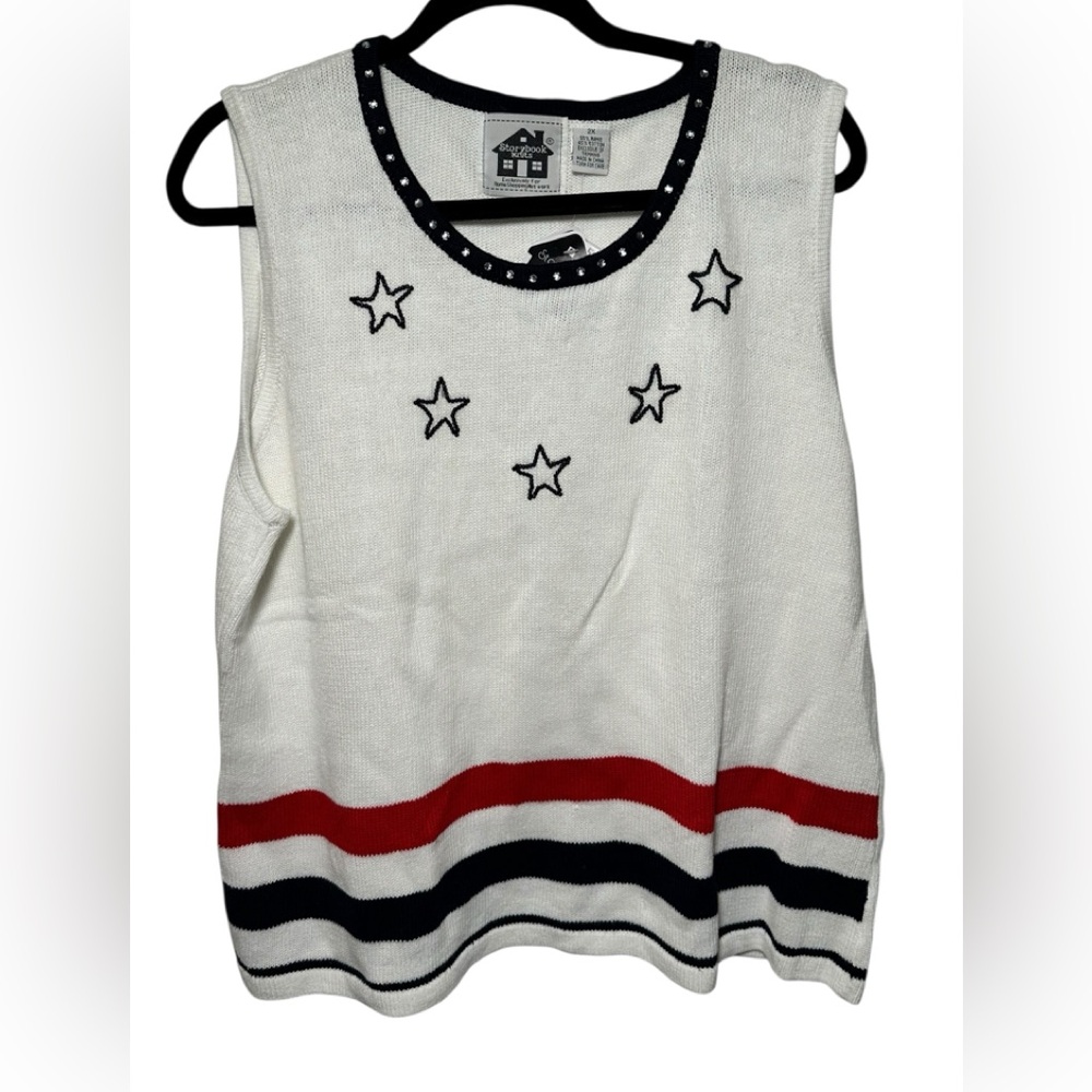 Storybook Knits Womens 2X Patriotic Star Beaded Rhinestone Sweater Vest NEW